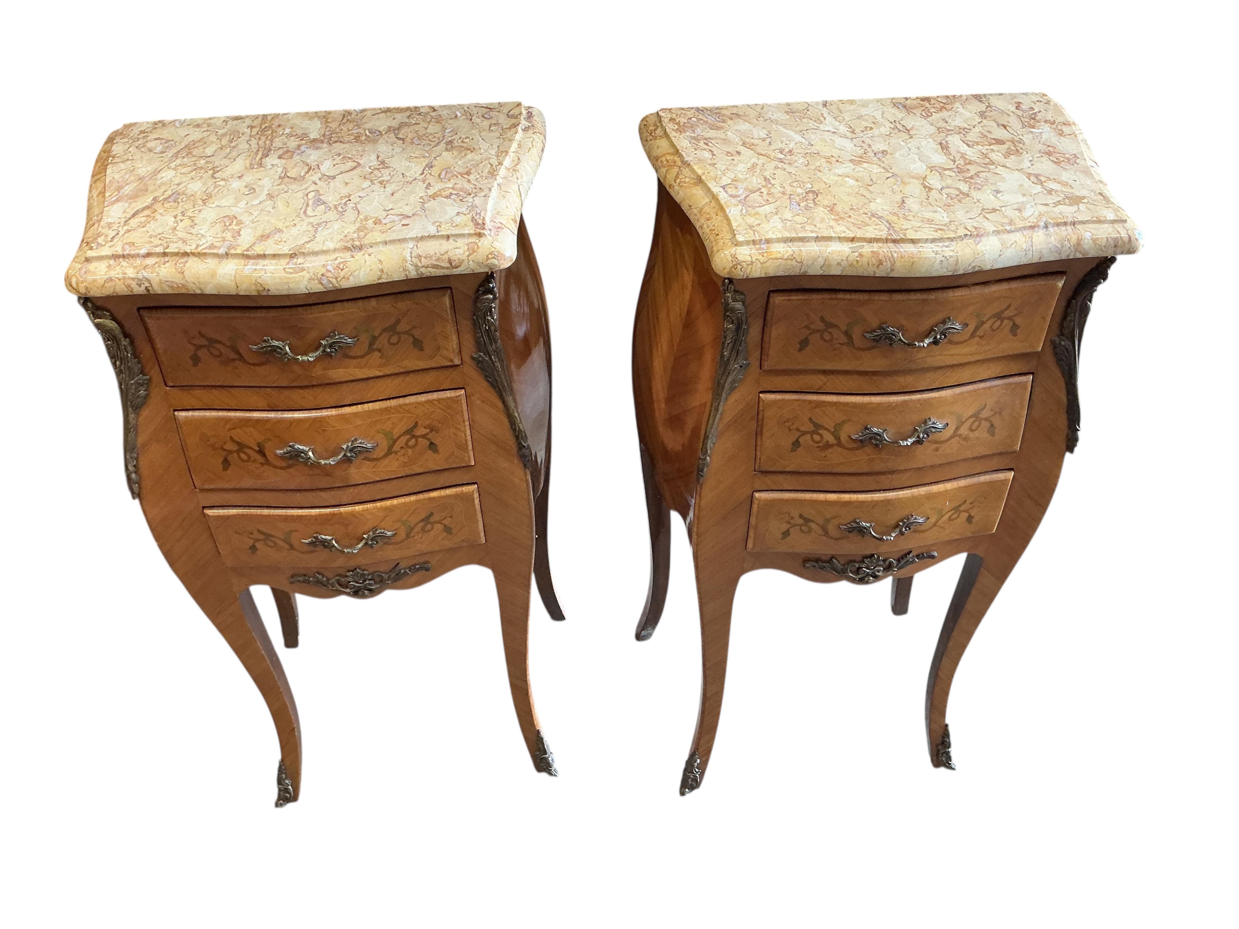 A pair of Louis XV style brass mounted bedside chests, width 42cm, depth 29cm, height 76cm